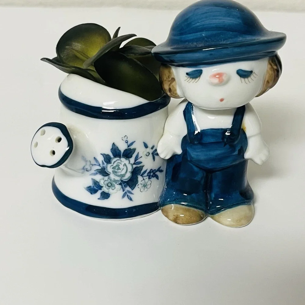 Vintage Boy In Blue Hat & Suspenders w/ Watering Can Miniature Planter Vase